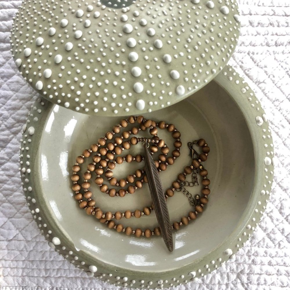 Feather Necklace with Wooden Beads